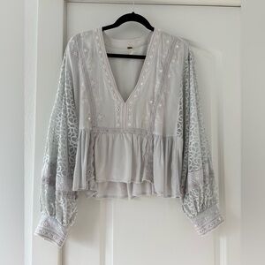 Free People Light Gray Lace Blouse